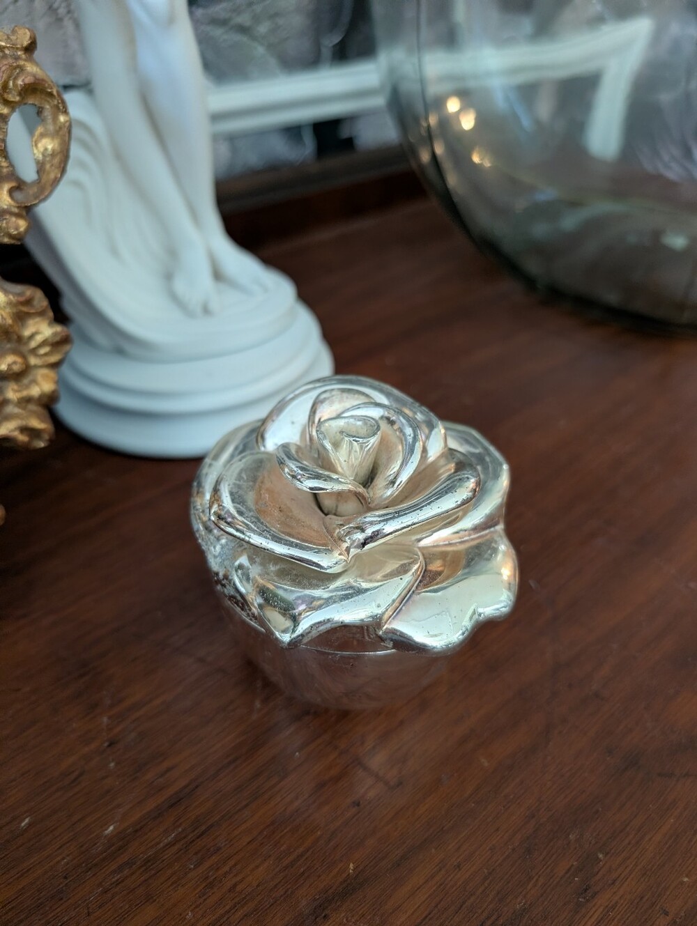 Vintage Silver Plate Rose Jewelry Box Trinket, Heavy Lined, 3.5" x 4"